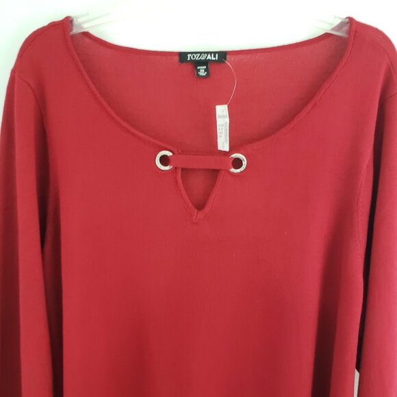 Roz & Ali Knit Top Size 3X Red Maroon Tunic Length V-Neck Grommet 3/4-Sleeve - Picture 3 of 7